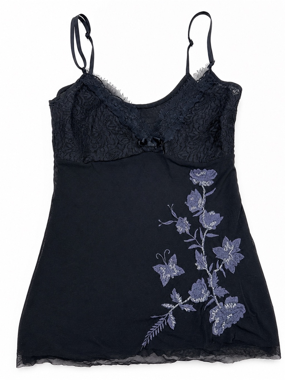 Black Lace Cami Tank with Violet Floral Embroidery